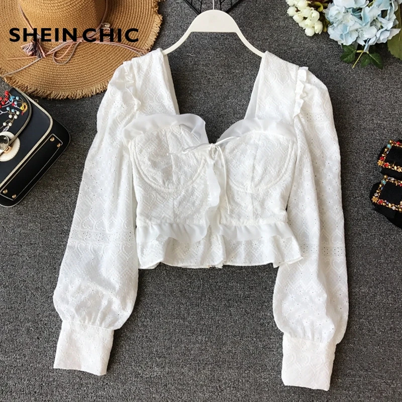 Женские кружевные блузки Boho Chic белые черные синие короткие в Корейском стиле