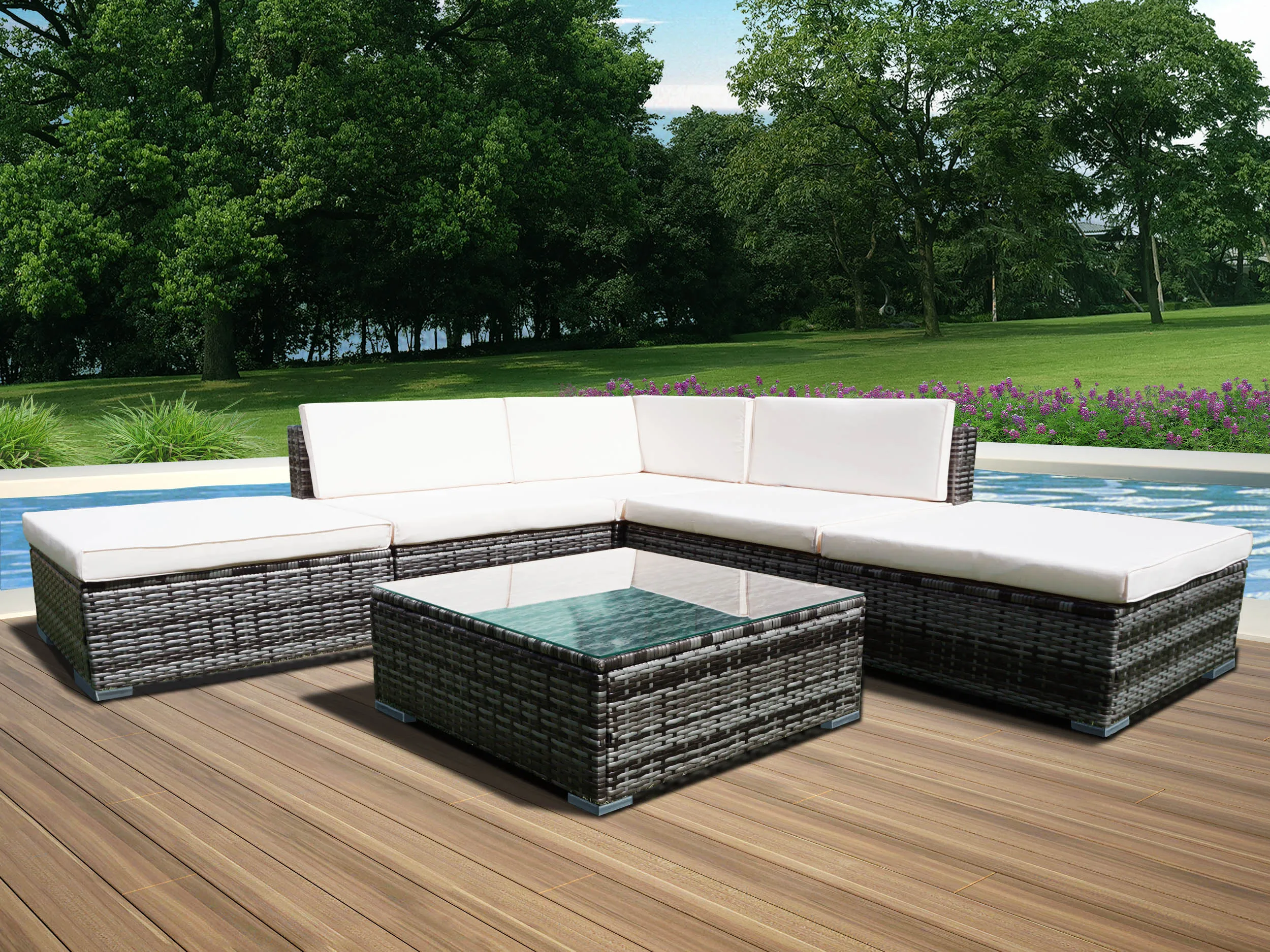Panana 6PCS Rattan Outdoor Garden Furniture Patio Coffee Table and Corner Sofa Set Ottoman PE Wicker Steel Frame Panana 6PCS Rattan Outdoor Garden Furniture Patio Coffee Table and Corner Sofa Set Ottoman PE Wicker Steel Frame