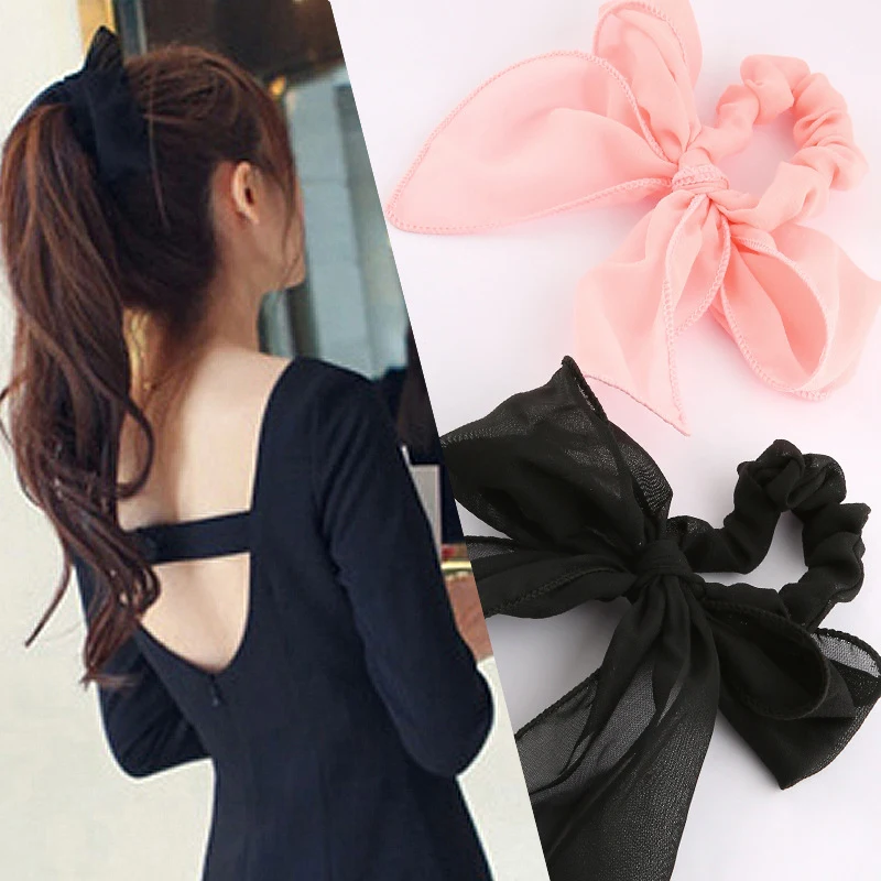

New Gifts Wedding Valentines Gift 1PC Elastic Hair Band Hot Sale Women Girls Black Adjustable Pink Hair Rope Chiffon Big Bowknot