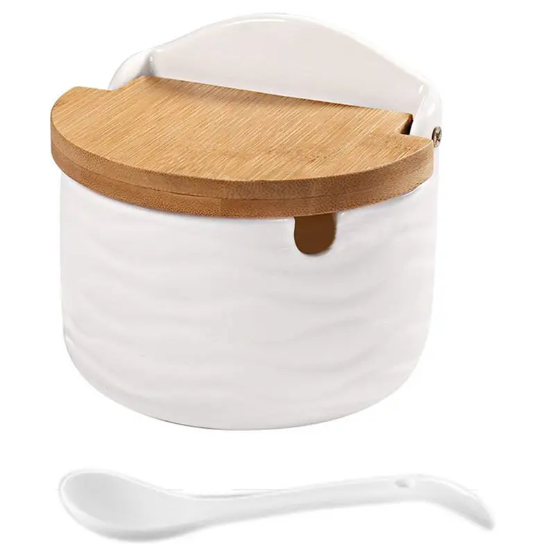 

LBER Sugar Bowl, Ceramic Sugar Bowl with Sugar Spoon and Bamboo Lid for Home and Kitchen - Modern Design, White, 8.58 FL OZ (2