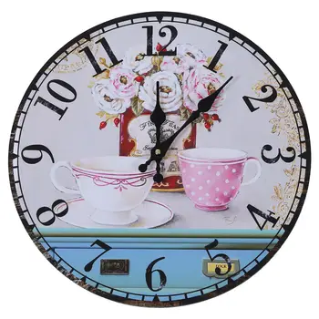 

JEYL Vintage Antique Style 34cm Wall Clock Home Bedroom Retro Kitchen Quartz (Pattern:flower+cups)