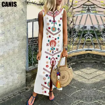 Women Summer Long Dress Floral Print Causal Boho Dress Sleeveless Slit Lady Maxi Size 5XL Sundress Summer Beach Dresses Vestido slit print long flowing wrap plunge dress