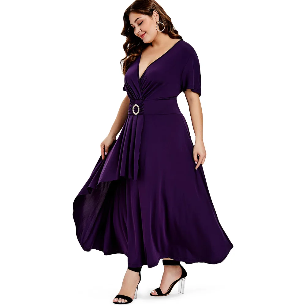 

Elegant Women Maxi Dress Ruffle Short Sleeve Lady Wrap Overlap Dress 2019 Summer Sexy Female Solid Dress Robe Femme Vestidos