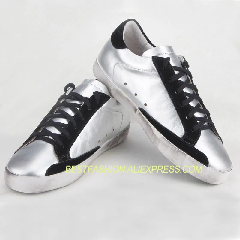 

Genuine Cow Leather Star Dirty Shoes Korean Flat Shoes Shiny Silver Shoes Casual Lace Up Do old Flats