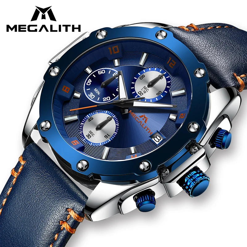 

MEGALITH Fashion Sports Watch For Mens Waterproof Blue Leather Analogue Quartz Wristswatch Chronograph Watches Relogio Masculino