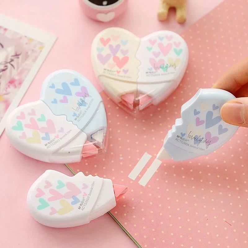 Kawaii Cute 2 Pcs Love Heart Shape Correction Tape White Out Stationery Supplies