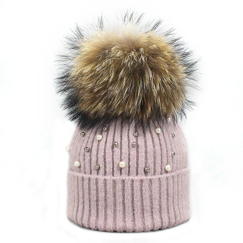 New Wool Beanies Women Real Natural Fur Pom Poms Fashion Pearl Knitted