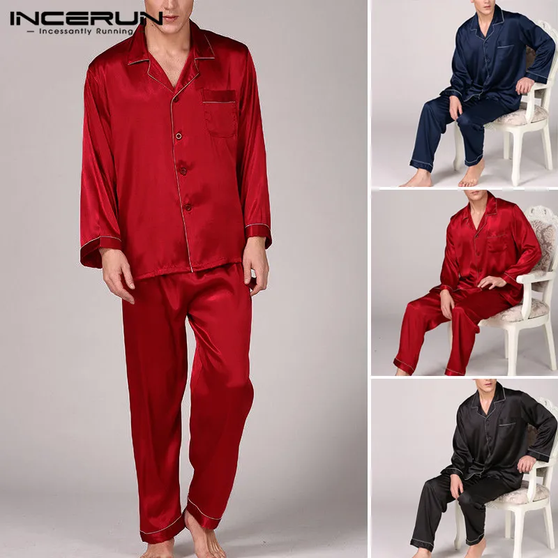 Soft Comfortable Men Robe Sleepwear Men's Pajama Set Stain Silk Pyjamas ...