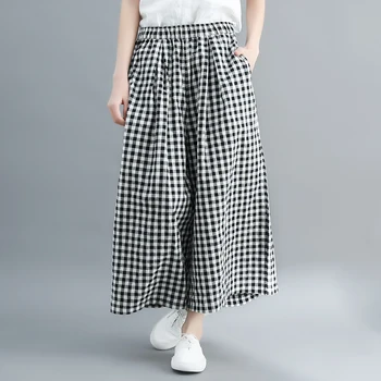 

#2121 Summer Black And White Plaid Wide Leg Pants Women Elastic Waist Casual Pantalon Femme Loose Trousers Female Indie Folk
