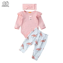 Черная пятница 2 шт. милая детская одежда(комплект), Одежда для новорожденных, Одежда для младенцев, для маленьких девочек, комбинезон, длинные штаны Одежда с принтом "фламинго" Комплекты одежды из 3 предметов