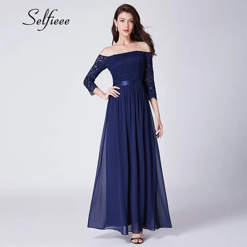 

New Fashion Navy Blue Off Shoulder Summer Beach Dress Robe Femme Elegant A Line Long Chiffon Party Dress With Sleeve Lace Dress