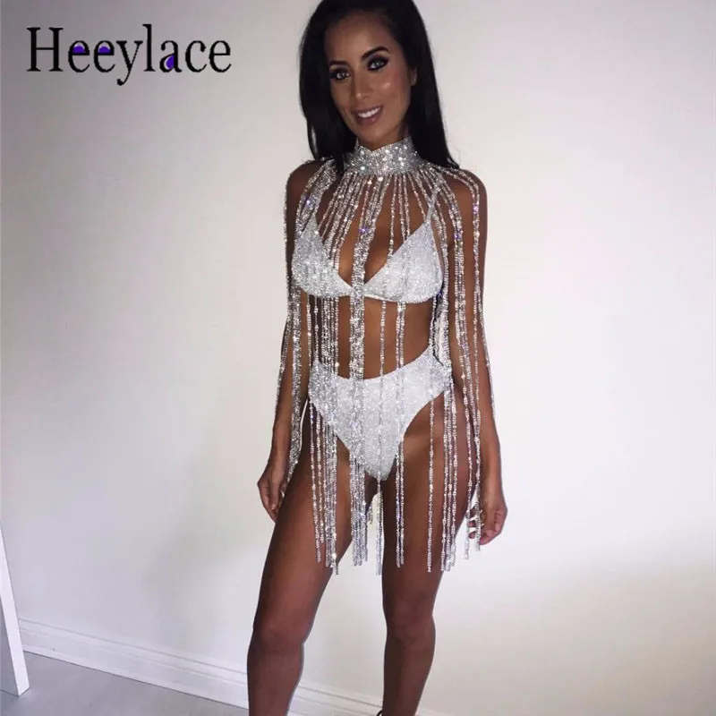 

Sexy Women Metal Chain Exotic Crop Tops Sparkling Sequins Gold Silver tassel crystal Top NightClub Wear Party Burning Outfits