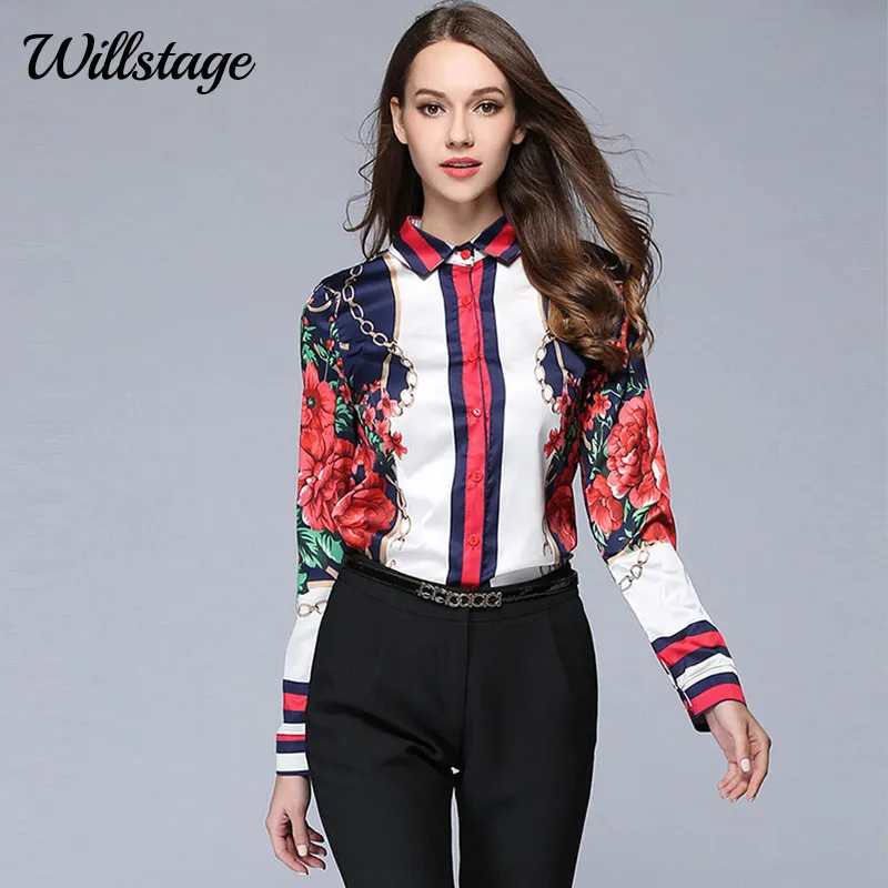 Willstage 2019 Spring Women Shirts Long Sleeve Floral Star Printed Blouse Chiffon Tops Office Ladies OL Work Wear Casual Blusas
