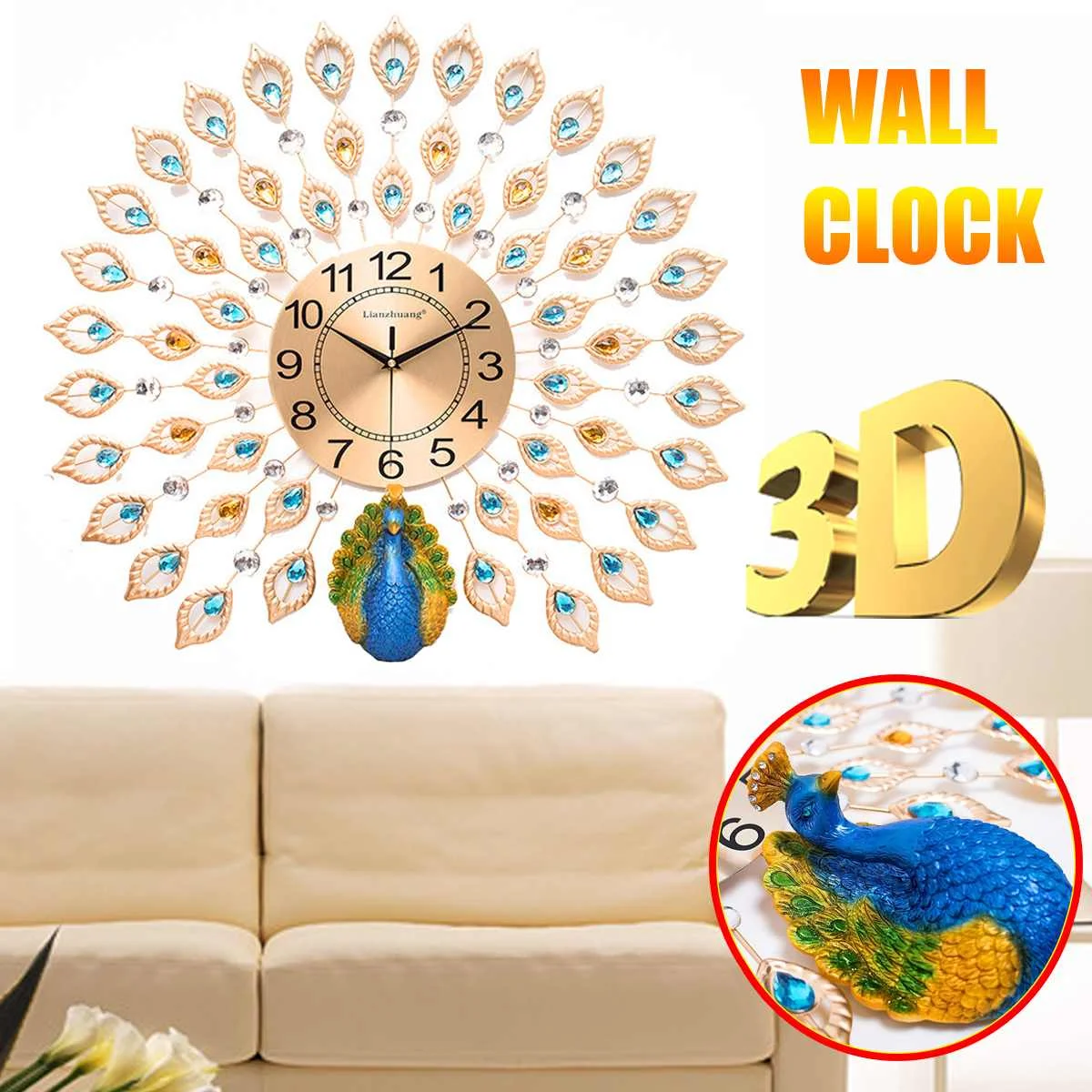 Relojes de pared de pavo real de cuarzo de cristal de diamante en 3D de lujo modernos para decoración de sala de estar en casa Reloj de pared silencioso grande artesanías Relojes de pared de pavo real de cuarzo de cristal de diamante en 3D de lujo modernos para decoración de sala de estar en casa Reloj de pared silencioso grande artesanías
