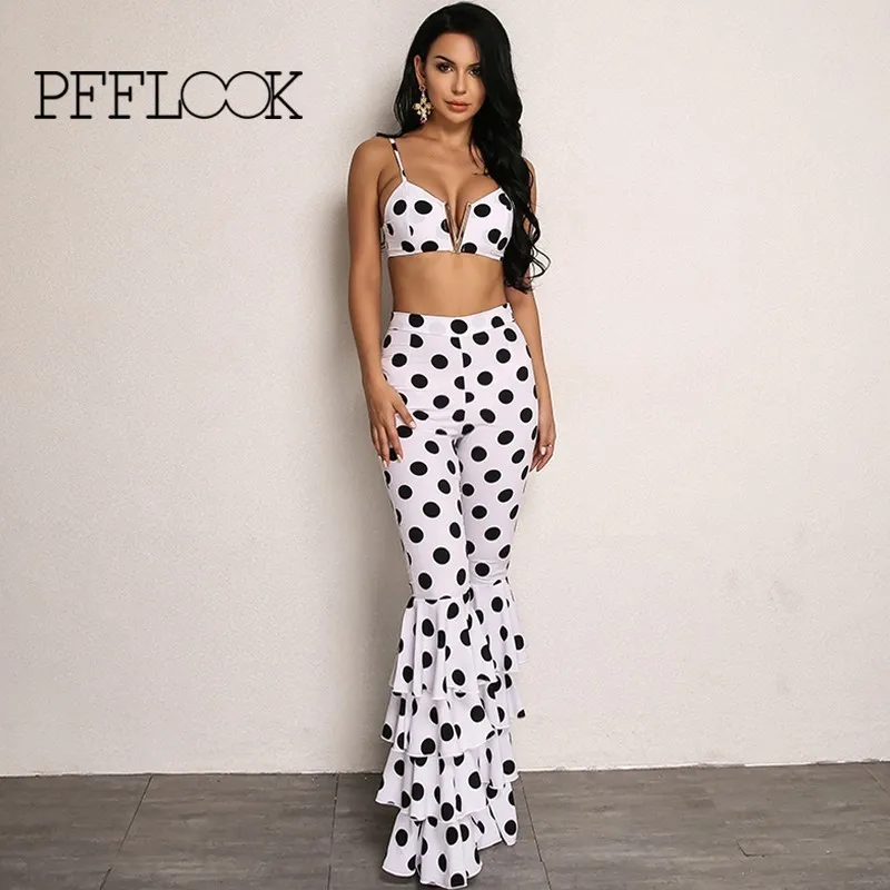 

PFFLOOK 2019 Elegant 2 Piece Set Spaghetti Strap Crop Top And Flare Pants Two Piece Set Polka Dot Backless Sexy Two Piece