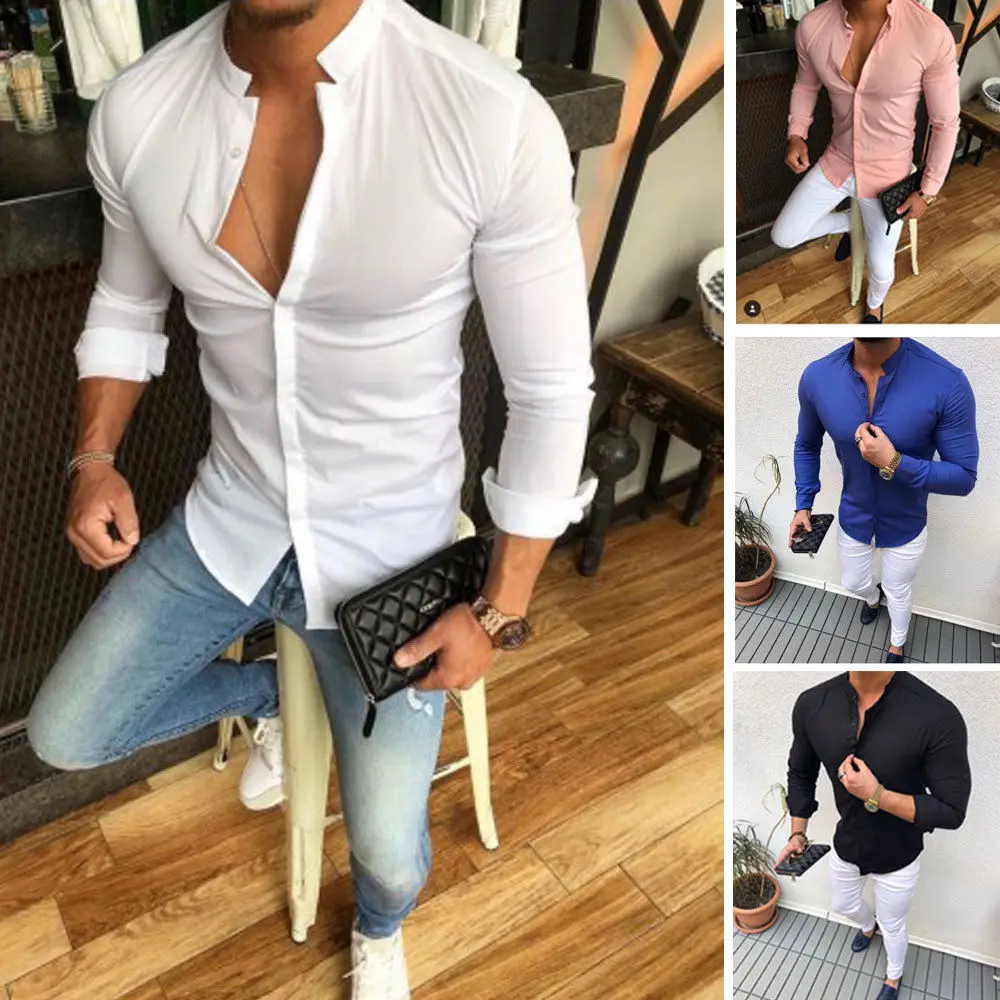 2019 Hot Men's Slim V Neck Long Sleeve Muscle Solid Shirt Casual Shirts Tops Blouse Men Fit Buttons Shirt Drop Shipping 2019 Hot Men's Slim V Neck Long Sleeve Muscle Solid Shirt Casual Shirts Tops Blouse Men Fit Buttons Shirt Drop Shipping