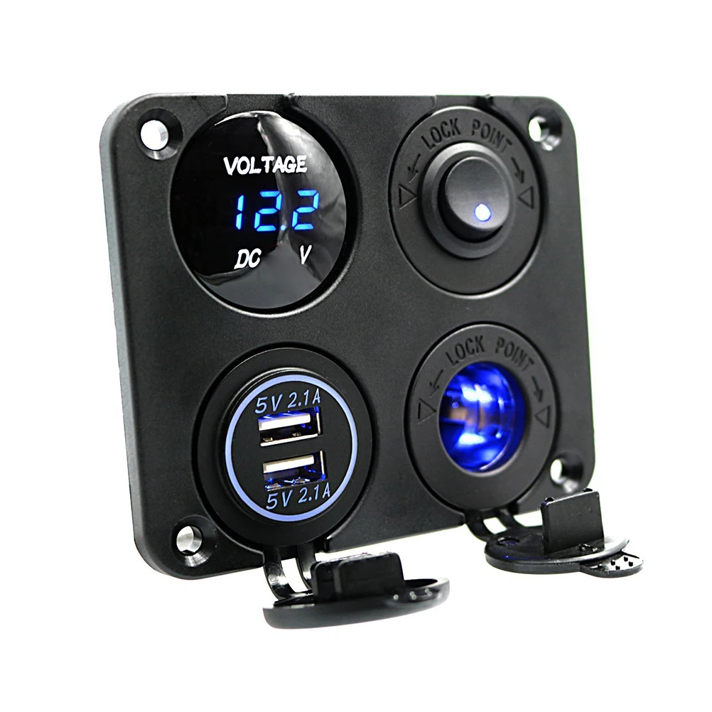 

4 in 1 Charger Socket Panel 2.1A Dual USB Socket Charger Blue LED Voltmeter 12-24v Universal Switch for Car Boat