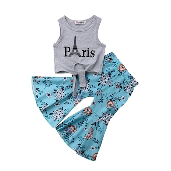 

CANIS 2019 New Fashion Toddler Baby Girl Summer Clothes Eiffel Tower Vest Tops Floral Bell-bottom Flare Pant 2PCS Clothing Set