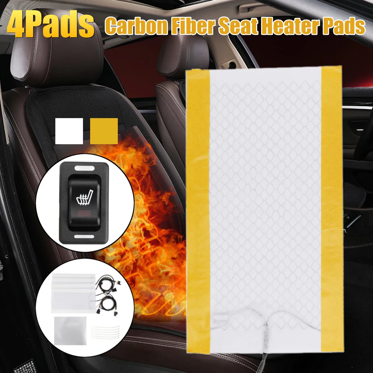 

4 Pads 2 Seat Car Carbon Fiber Heated Seat Cover Heater Thermal Pad White/Yellow