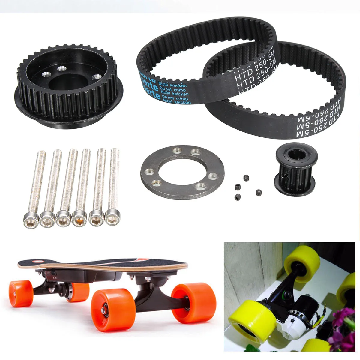 

15mm DIY Electric Skateboard Wide Belts ABEC Flywheel Pulley Part Kit 265 255mm Drive Belt & Motor Mount Kit Wheels Accessories