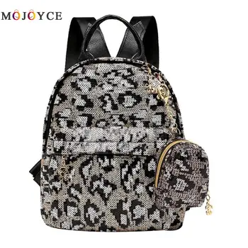 

2pcs/set Sequins Leopard Print Backpack Clutch Women Casual Travel Shoulder School Leather Back pack