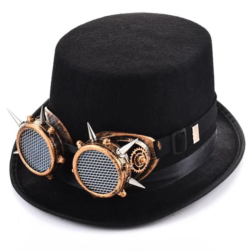 

Steampunk Black Top Hat With Goggles Men Women Rivets Fedoras Gothic Gear Wheel Top Hat With Spikes Glasses for Cos Party