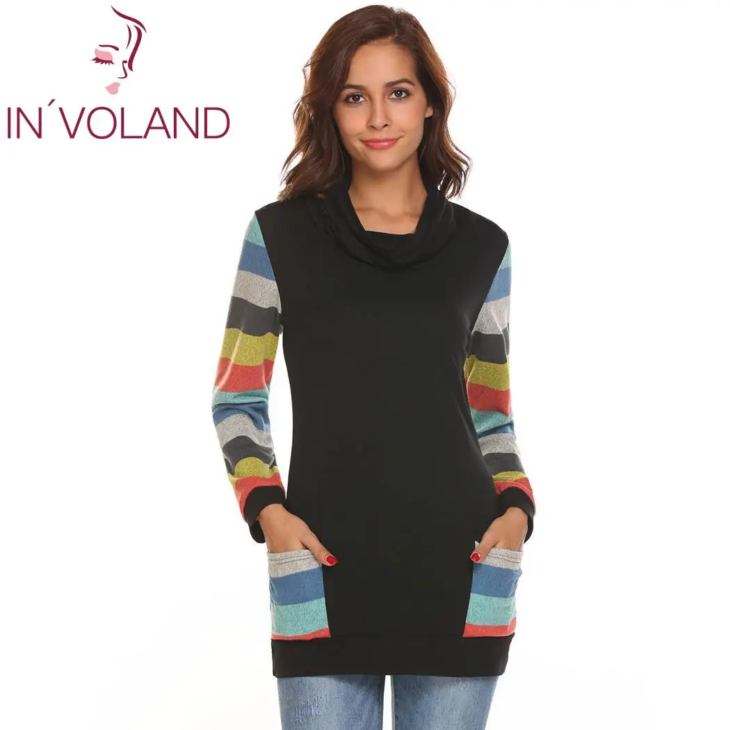 

Women Casual Turtle Collar Long Sleeve Patchwork Pocket Slim Fit Sexy Blouse T-shirt Tops