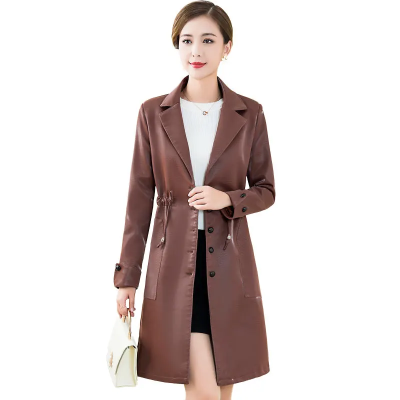 

Casual Fashion Women Long Faux Leather Jacket Slim Solid Womens Jackets and Coats Pockets Motorcycle Overcoat