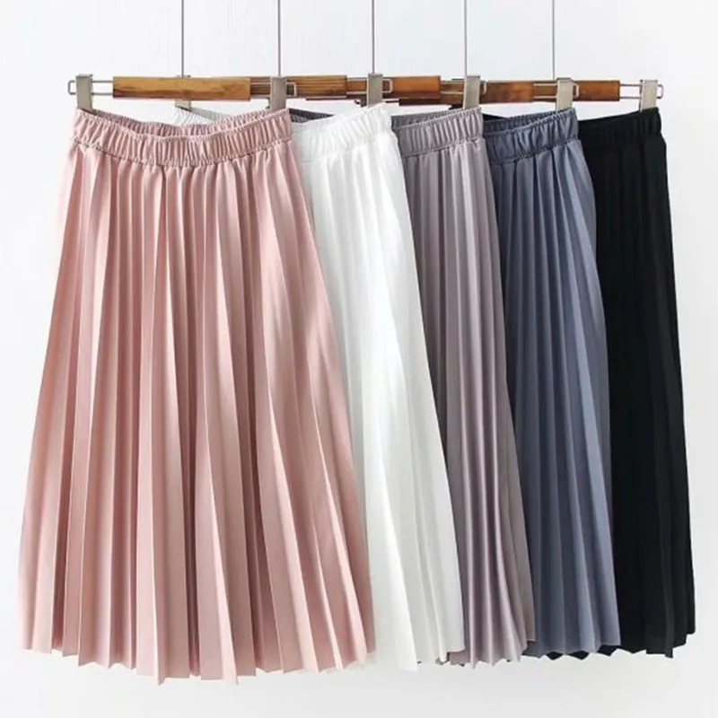 

PEONFLY Basic Midi Long Skirt Women 2019 Summer Korean Fashion High Waist Pleated Skirt Female Pink Tutu Sun Skirt