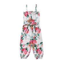 Детский комбинезон с цветочным принтом для маленьких девочек; Модный летний костюм пляжного типа без рукавов; sunsuit; одежда; 2-7Y