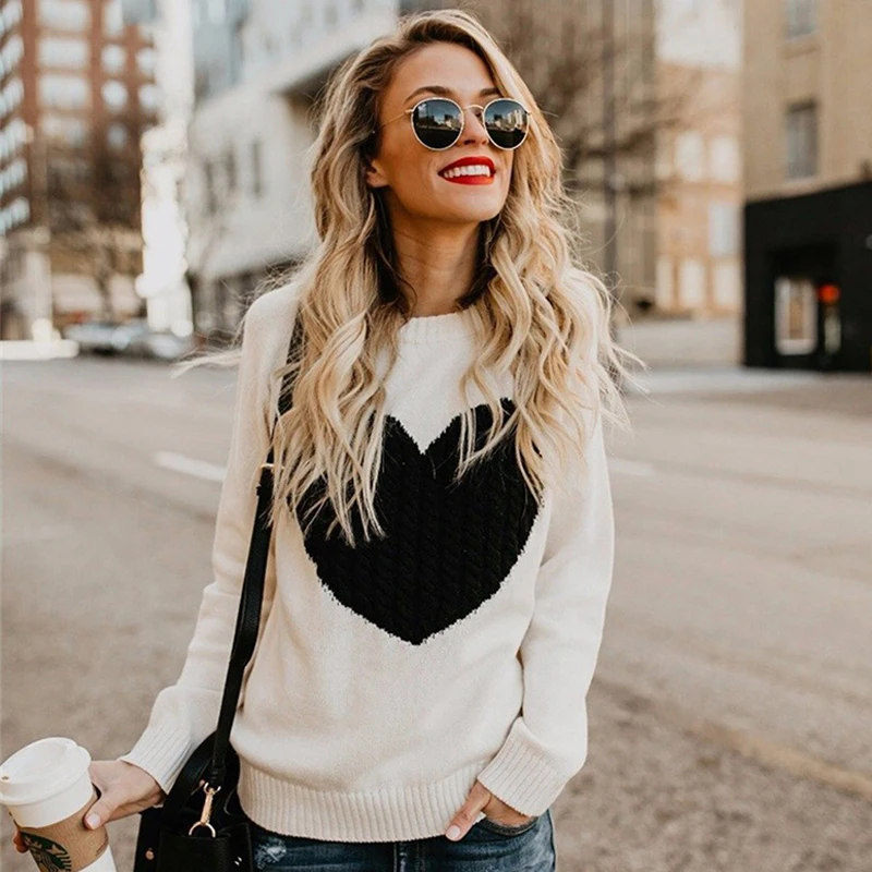 

2019 Autumn Winter Women Sweaters Heart Pattern Printed Long Sleeve Tops O-Neck Lovely Pullovers Knitted Loose Sweaters Tops