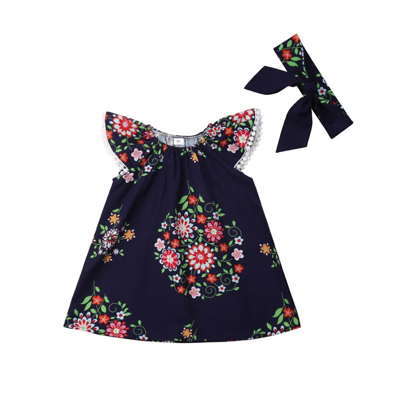 

2019 Toddler Kids Baby Girl Vintage Boho Style Flower Sleeveless Ruffle Floral Dresses Summer Party Princess Dress Headband 1-6Y