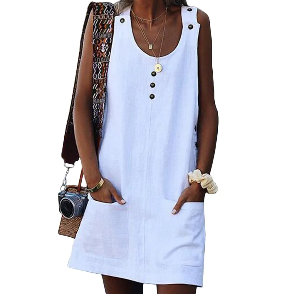 

Women's Casual Loose Cotton Linen Oversized Baggy Mini Short Dress Summer Sleeveless Button O-Neck Pockets Club Dress Vestidos