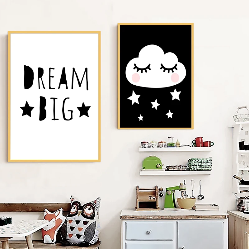Dream Big Good Night Cloud Star холст художественный постер черно белый Принт для детской