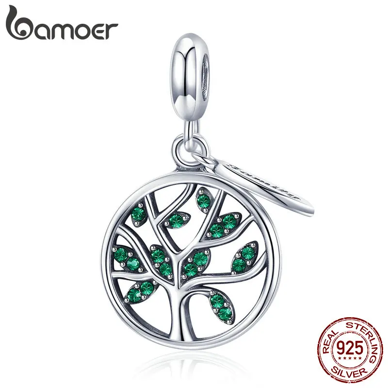 

BAMOER Authentic 925 Sterling Silver Family Tree Green Cubic Zircon Beads Charm fit Bracelet Necklaces Jewelry Making SCC947