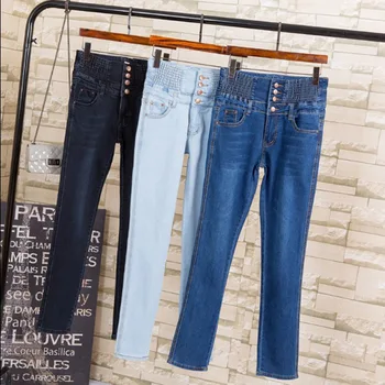 

2018 New Autumn Women Slim Pencil Pants Large Code Button High Waist Jeans Pants Ankle Length Loose Cowboy Pants