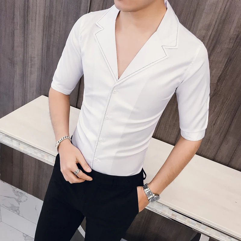 Solid Color Seven-quarter Sleeve Shirt Man Kemeja Pria Camisa Masculina Suit Collar Casual Style Half Sleeve Mens Camisa Hombre