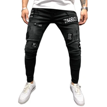 

New Fashion Streetwear Men'S Jeans Knee Hole Ripped Embroidery Jeans Trousers Hip-Hop Slim Men Jeans Pants