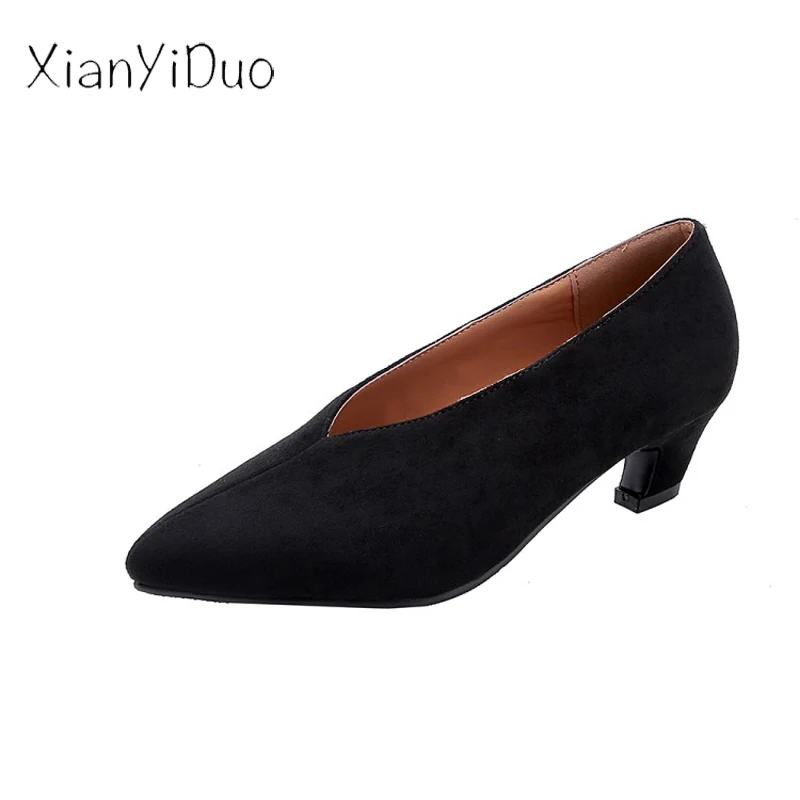 

2019 Spring new flock Casual Fashion Slingbacks Retro Women's Shoes Pointed Toe Middle Heel Pumps Gray big size 34-48 /A-2
