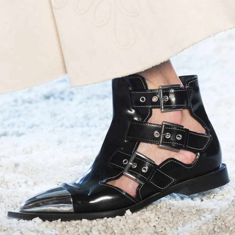 

2019 Punk Style Rivets Studded Genuine Leather Ankle Boots Gladiator Pointed Toe Hollow Out Buckle Woman Shoes Real Photos