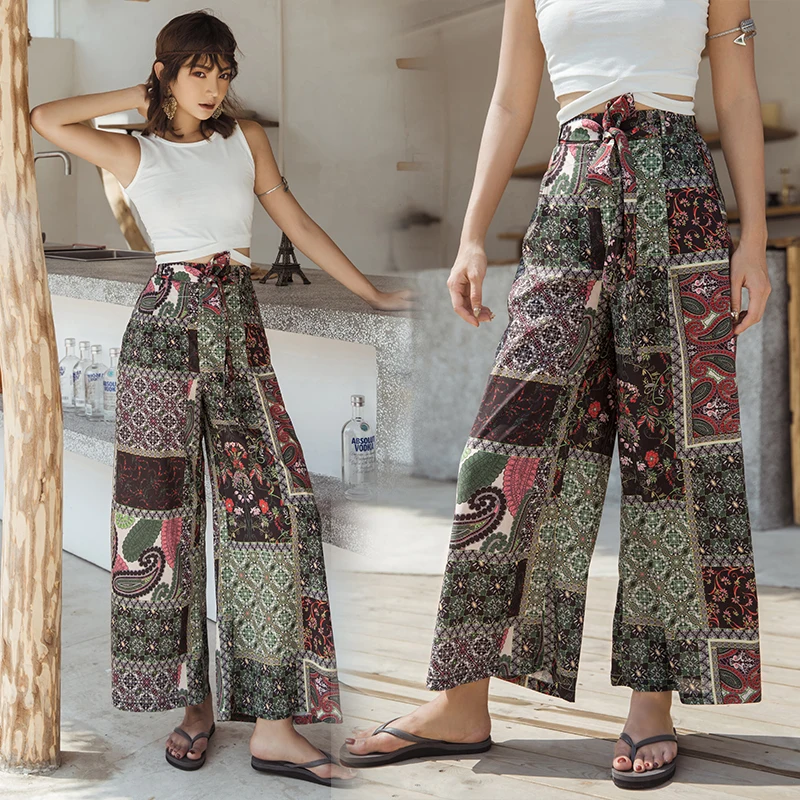 2020 Fashion Floral Print Wide Leg Pants Women Casual Pant Summer Boho Beach Bow High Waist Chiffon Trousers Holiday Bohemia | Женская