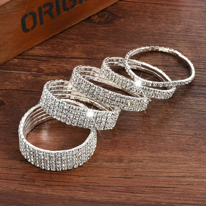 

1pc 1/2/3/4/5/6Row Rhinestone Wedding Bridal Shine Women Crystal Silver Charming Delicate Bracelet Hot Bangle Jwelry Gift