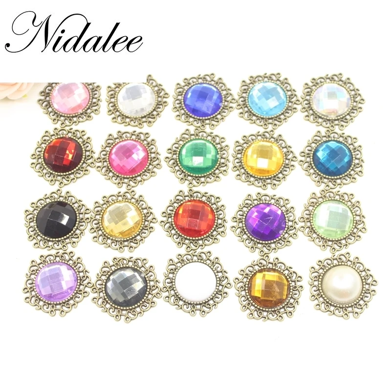 

25mm Hot Rhinestone Buttons 25mm Antique Alloy Acrylic DIY Wedding Accessories Metal Flat Button Bow Hair Accessories