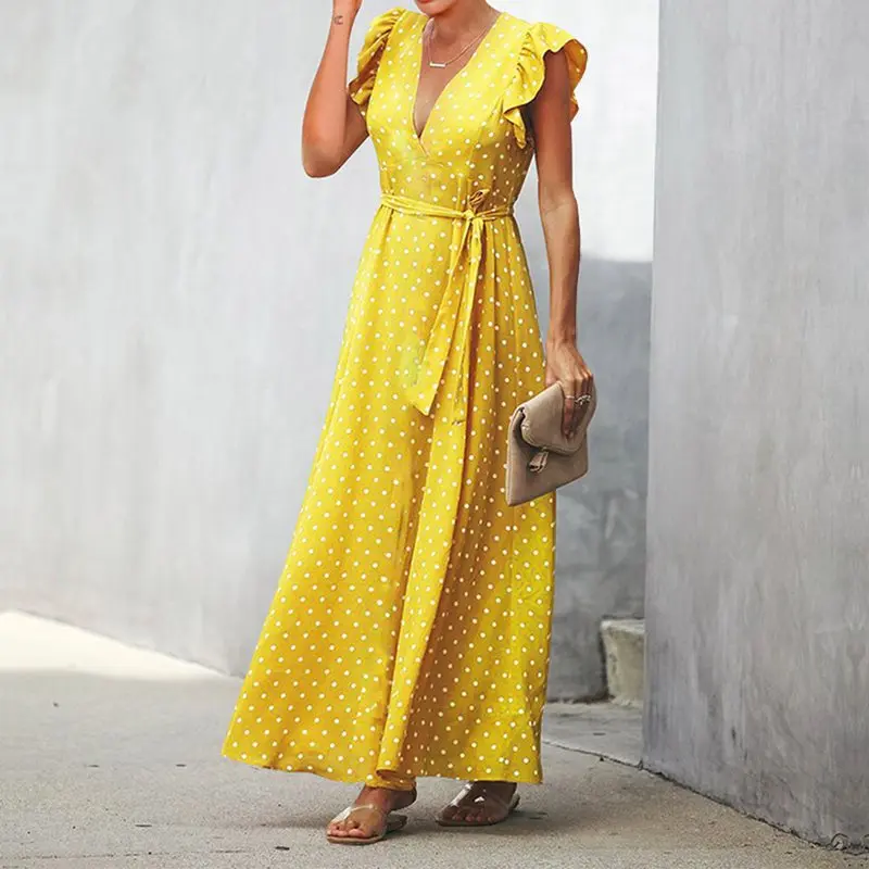 

Retro Polka Dot Long Dress Women Yellow Beach Boho Sexy Party Robe Vintage Elegant Evening Black High Waist Summer Maxi Dresses