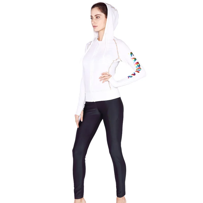 

SABOLAY Women Long Sleeves White Jacket Hooded Swimming Sunscreen Quick-drying Wetsuit Zipper Surf Clothing Swimsuit Long Pants