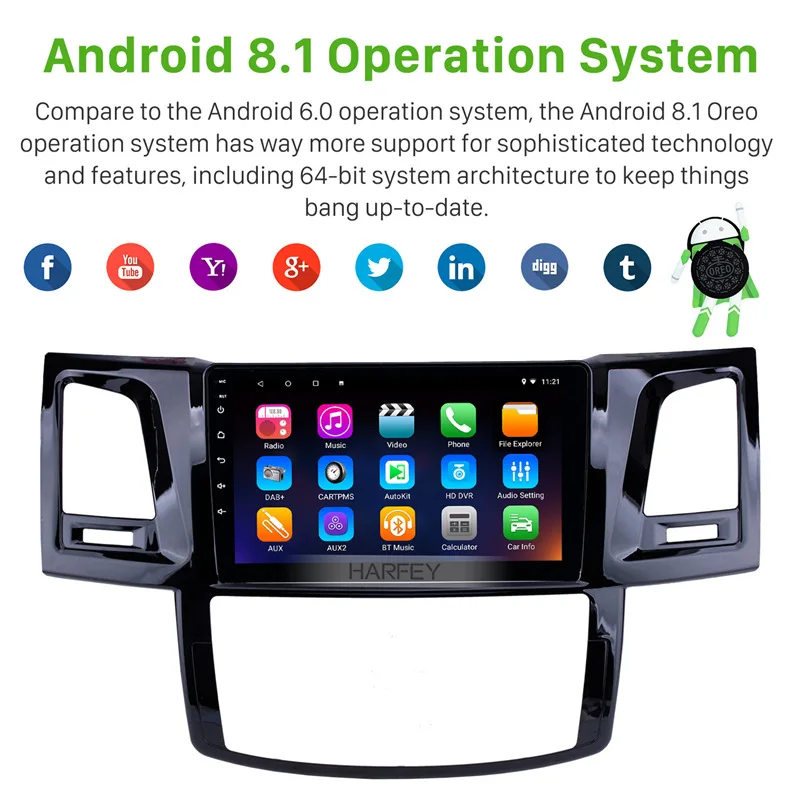 Harfey Android 8 1 9 &quotHD радио GPS Navi головное устройство для 2008 2014 Toyota Fortuner Hilux WIFI Bluetooth USB