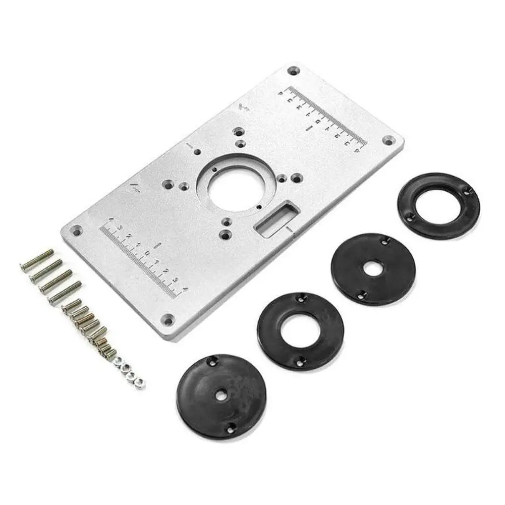 

None Plate Set Aluminum Router Table Insert Plate&4 Rings Screws 235mmx120mmx8mm Silver