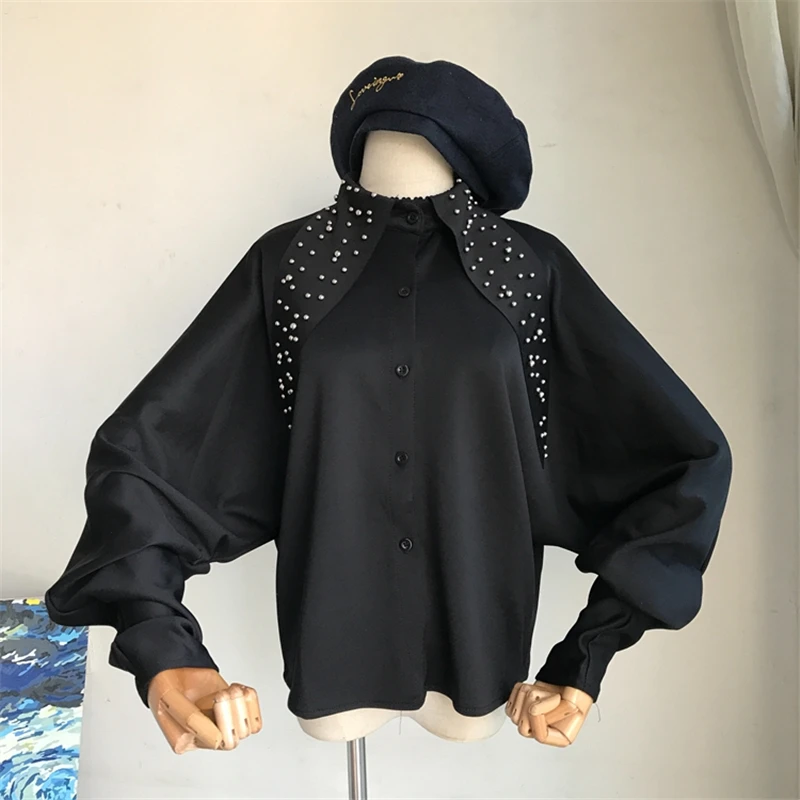 

Korean 2019 Fashion Batwing Sleeve Shirts Blouse Casual Streetwear Spliced Stand Collar shirts Office Lady Asymmetry Solid Tops