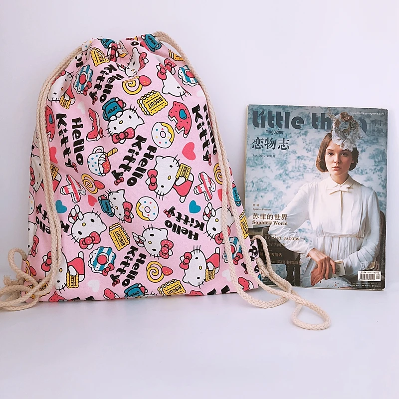 IVYYE Cute KT Cat Fashion Canvas Backpacks Cartoon Drawstring Backpack Casual String Bags shopping Knapsack Unisex New