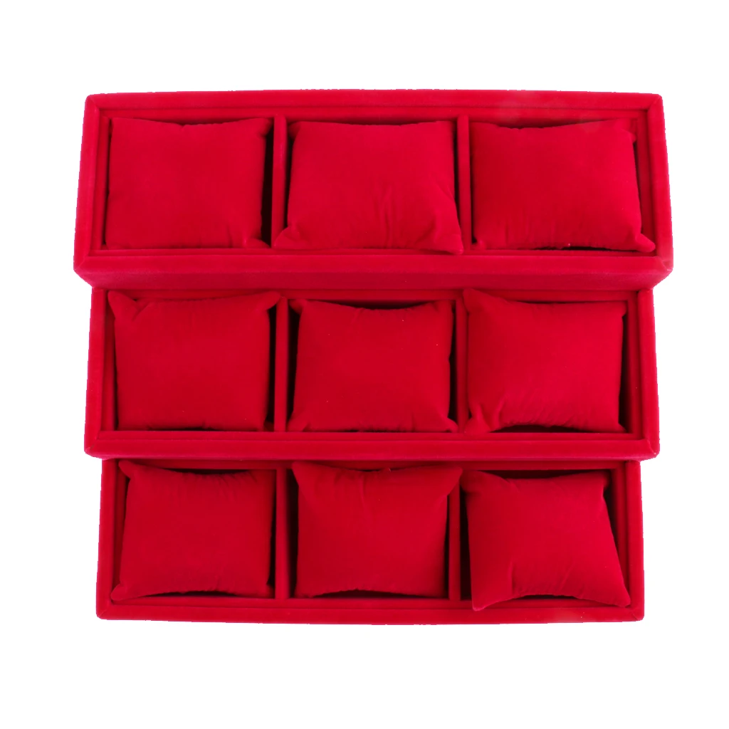 

Phenovo Hessian 9 Grids Watch Bracelet Pillow Jewelry Display Box Holder for displaying watch and bracelet chain Red
